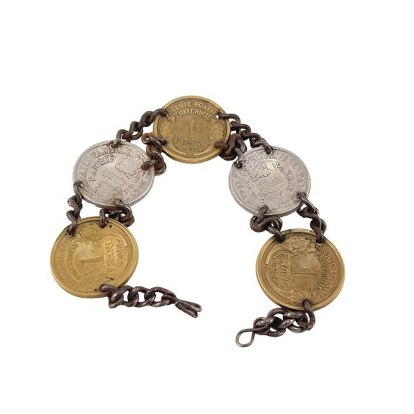 WWII Sweetheart Bracelet French Coin Bracelet With Brass Silver Coins Chain Link - Picture 5 of 7